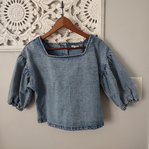 Anthropologie the Odells Denim Puff Sleeve Cropped Top - Picture 14 of 16